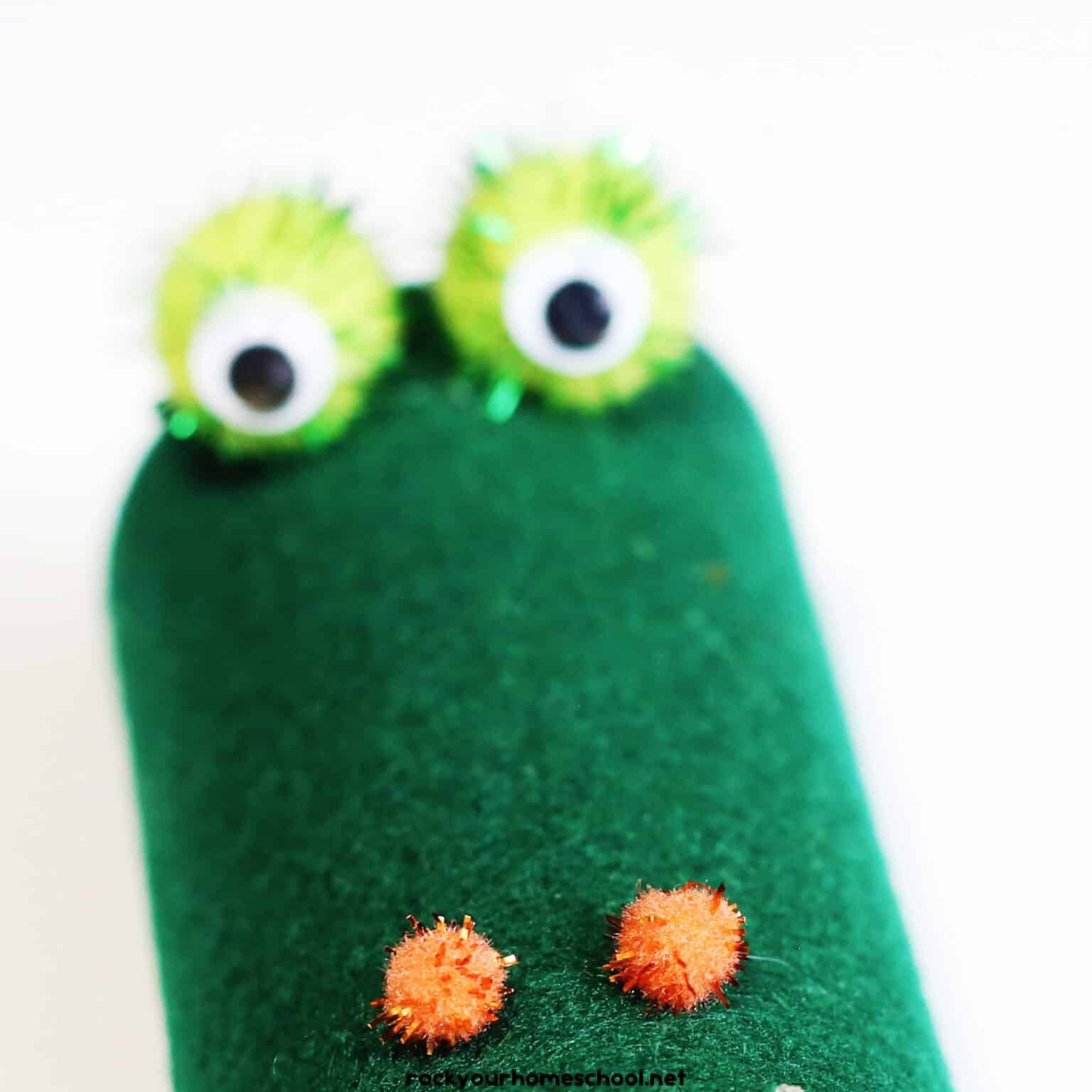 2 small orange pom poms glued to green felt with light green pom poms and googly eyes.