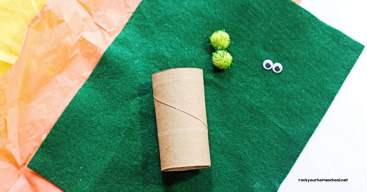 Green felt, pom poms, googly eyes, toilet paper roll, and orange and yellow tissue paper.