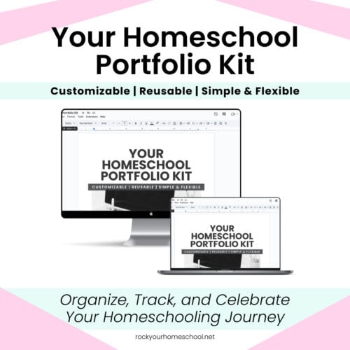 Desktop screen and laptop screen with Your Homeschool Portfolio Kit.