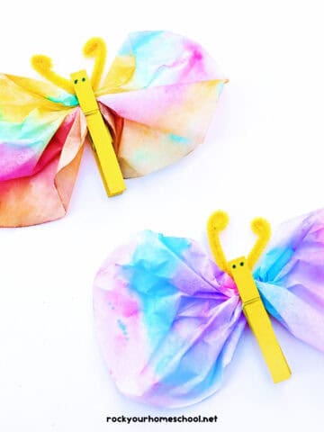 Two examples of coffee filter butterfly crafts made with yellow pipe cleaner and clothespin.