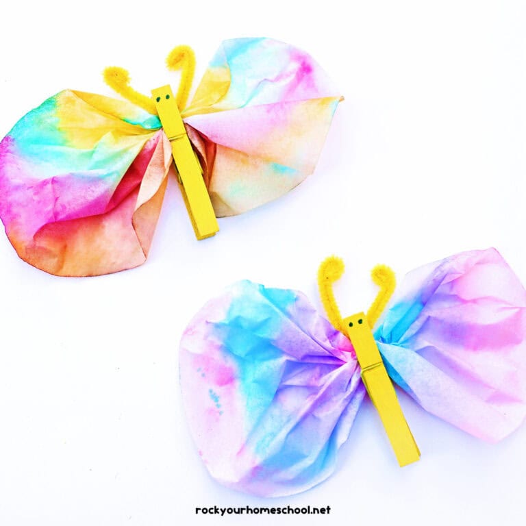 Two examples of coffee filter butterfly crafts made with yellow pipe cleaner and clothespin.