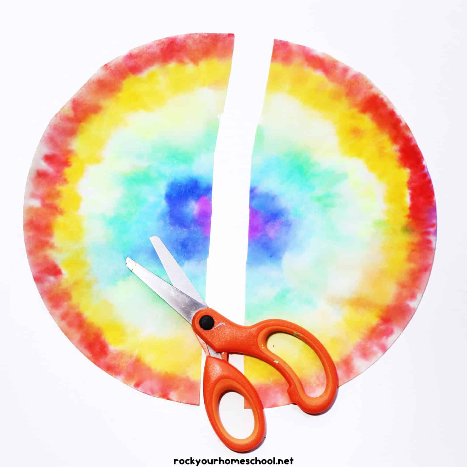 Rainbow coffee filter cut in half with scissors.