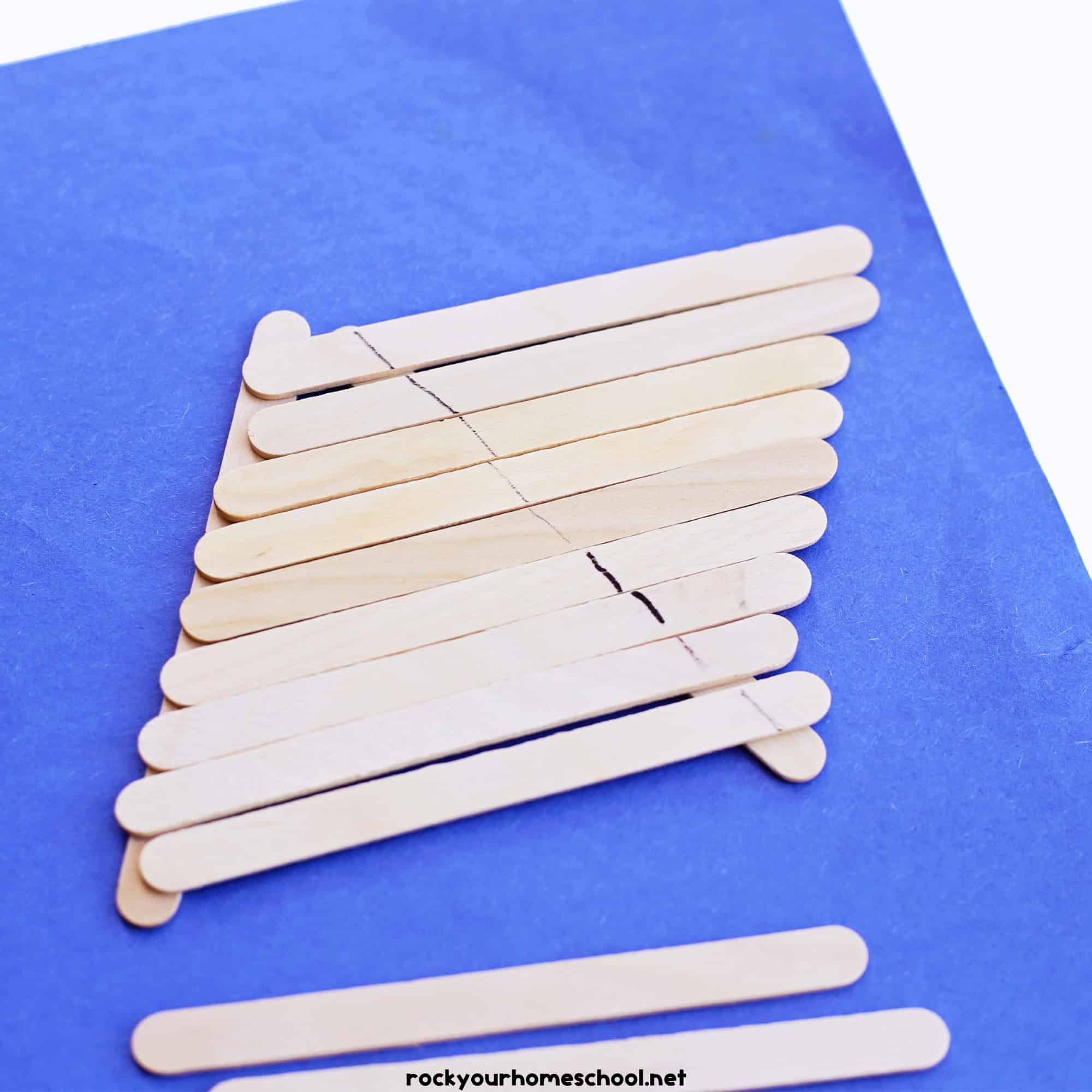 Blue construction paper with popsicle sticks.