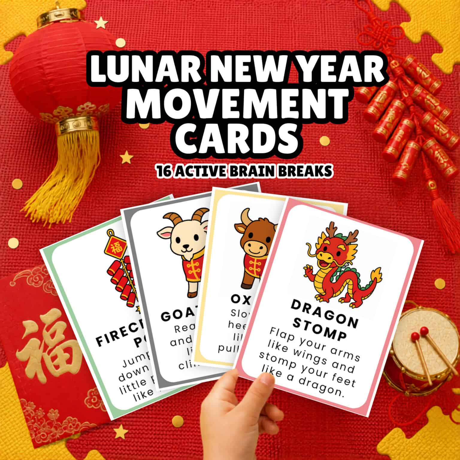 A child's hand holding Lunar New Year movement cards for kids to enjoy fun holiday activities.