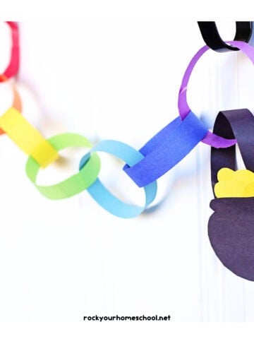 Example of cute and frugal rainbow paper chain craft with pot of gold.