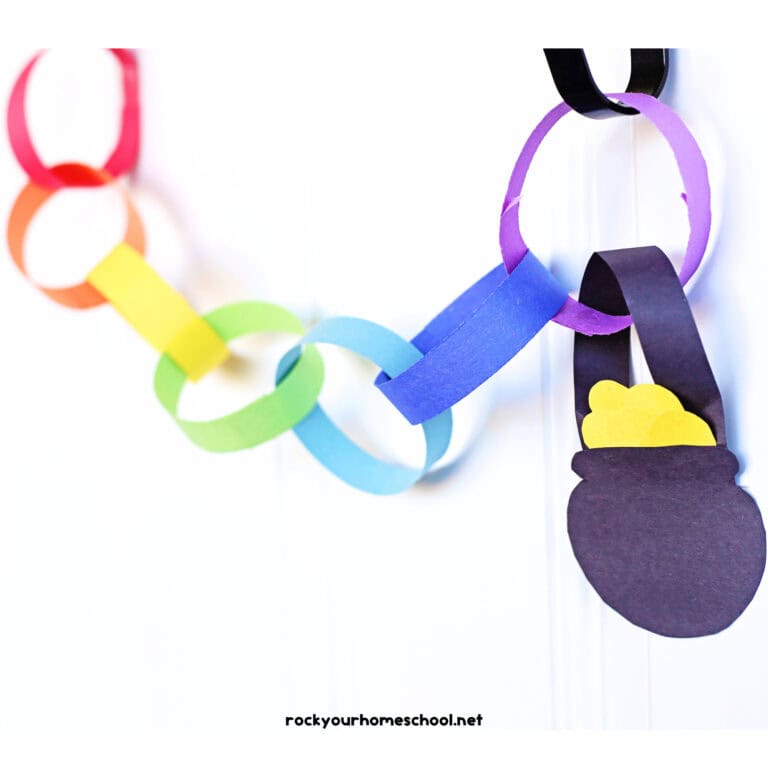 Example of cute and frugal rainbow paper chain craft with pot of gold.