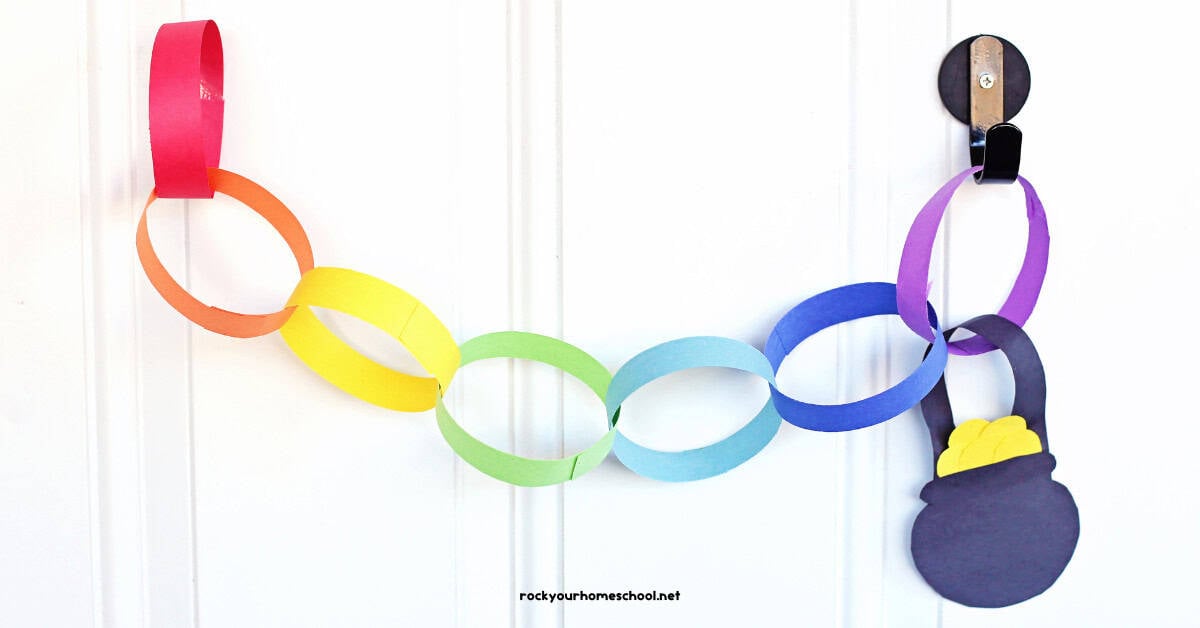 Example of rainbow paper chain with pot of gold made out of construction paper.