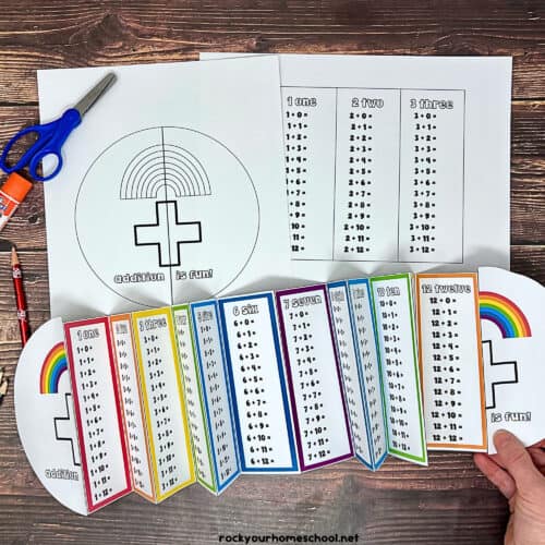 Woman holding example of Addition Tables Foldable Activity in color and black-and-white example in background.