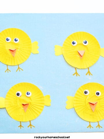 Four examples of easy Easter chick craft for kids made with yellow cupcake liners.