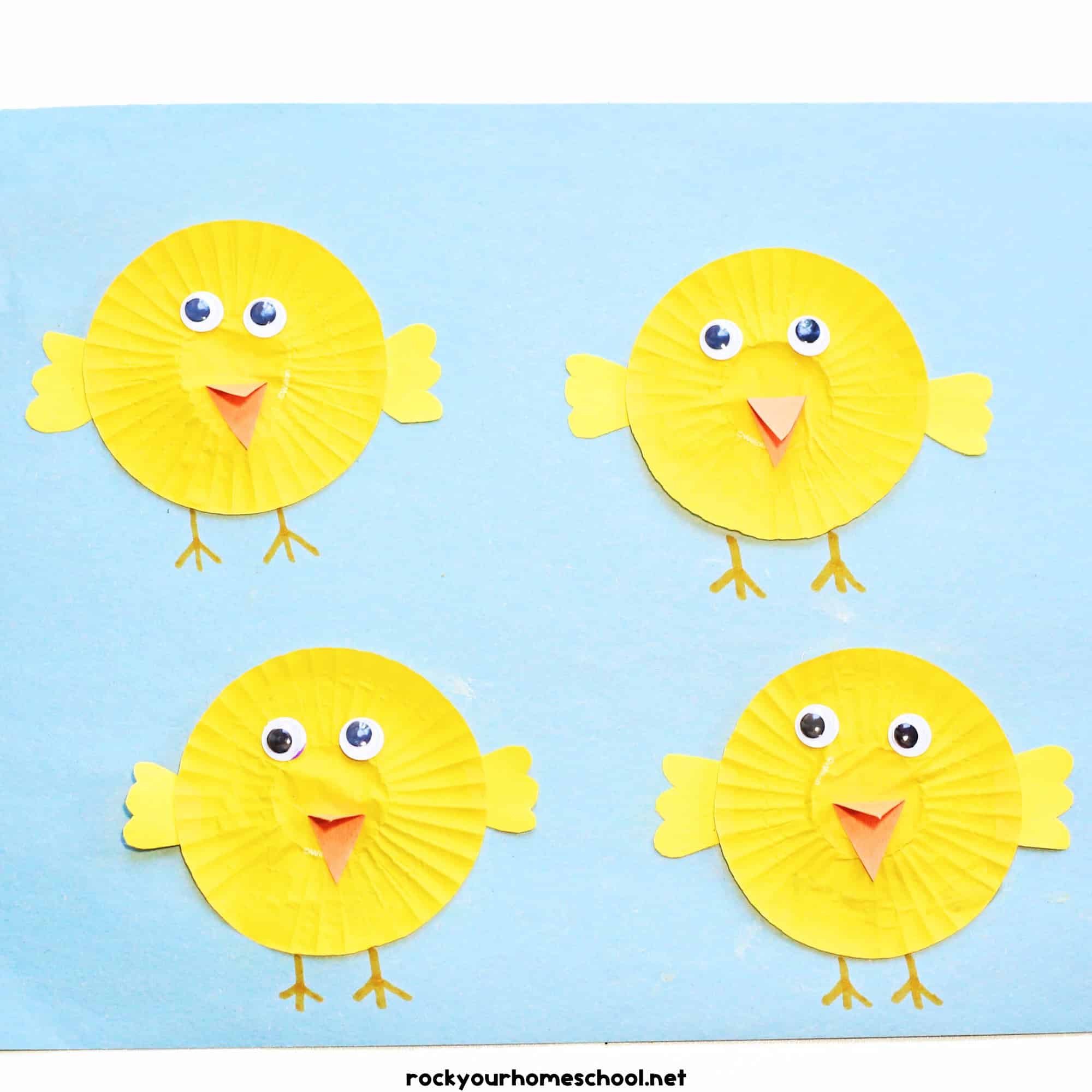 Four examples of easy Easter chick craft for kids made with yellow cupcake liners.