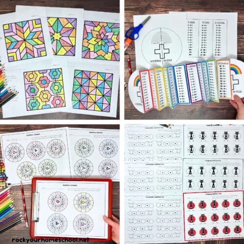 Four examples of Fun Addition Activities Pack including Addition Color by Sums, Addition Tables Foldable Activity, Addition Wheels, and Caterpillar and Ladybug Addition Activities.