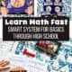 Boy holding Volume 1 of Learn Math Fast with worksheets book and teen boy with geometry lesson and kit.