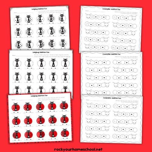 Examples of caterpillar and ladybug addition activities for kids.