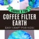 Coffee filter with blue and green markers, blue spray bottle with water and coffee filter Earth craft examples.