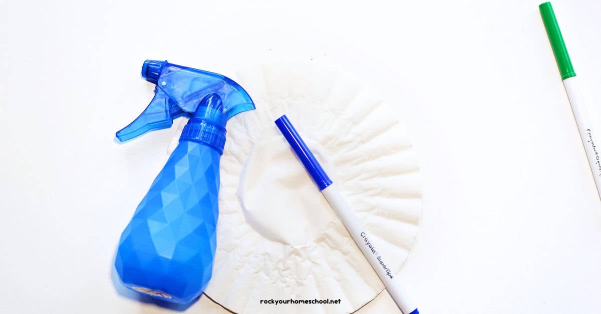 Blue spray bottle with water, coffee filters, and blue and green markers.