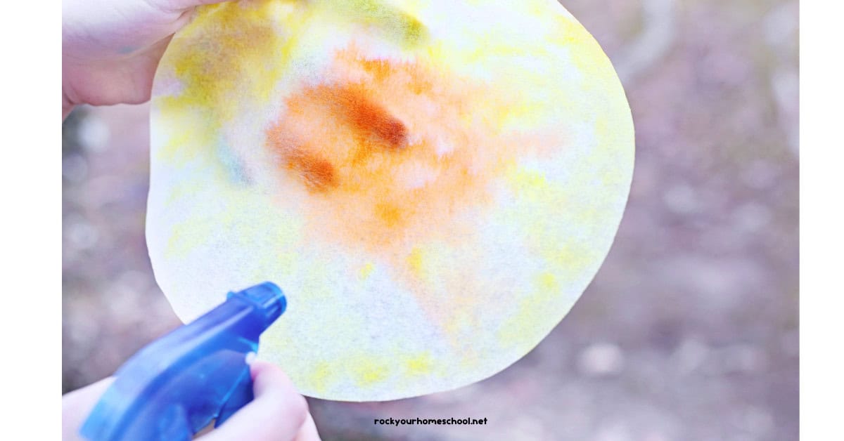 Child using blue bottle to spray water on coffee filter colored yellow and brown.
