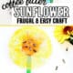 Coffee filters, markers, glue stick, green popsicle stick, and sunflower seeds with examples of coffee filter sunflower craft.
