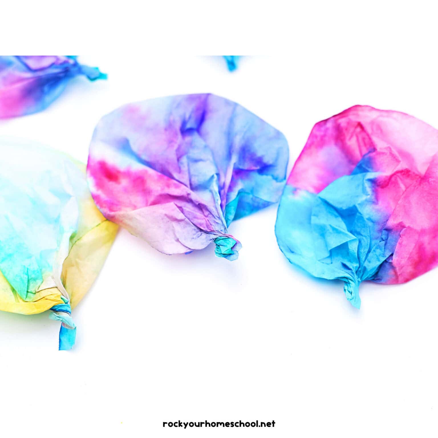 Three coffee filters colored and twisted into flower shapes.