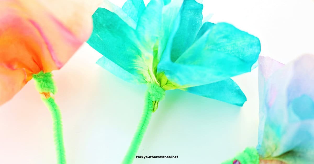 Three examples of easy coffee filter flowers.