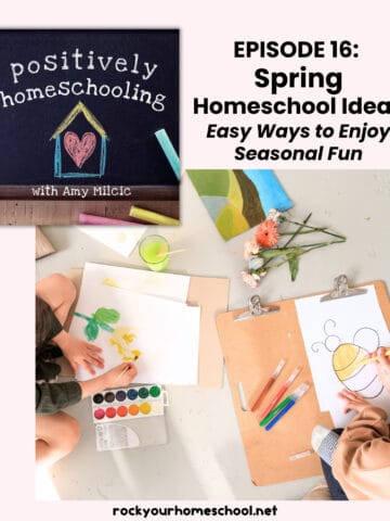 Children using watercolor paints and color pencils to paint and draw spring themes.