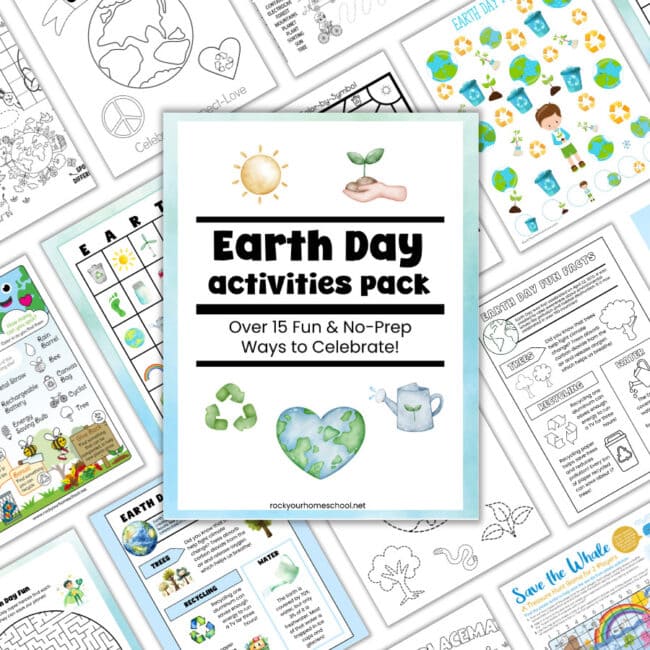 Earth Day Activities Pack cover with examples of printables for Earth Day fun.