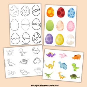 Four pages of dinosaur eggs and dinosaur templates in color and black-and-white.