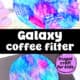 Person spraying water on colored coffee filter with example of coffee filter galaxy craft on black construction paper.
