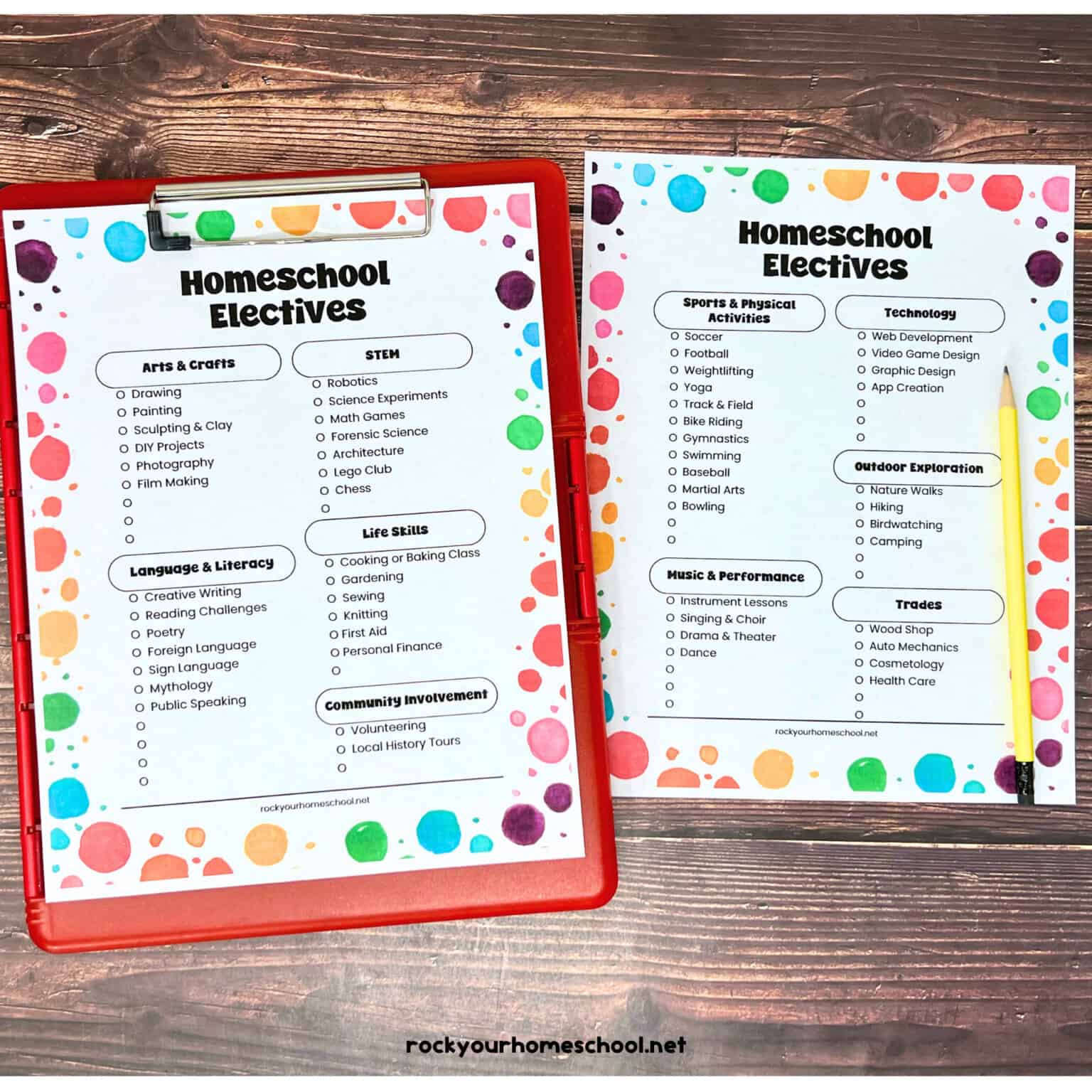 Two printable pages of homeschool electives checklists.