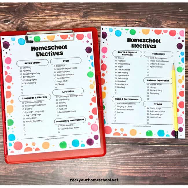 Two printable pages of homeschool electives checklists.
