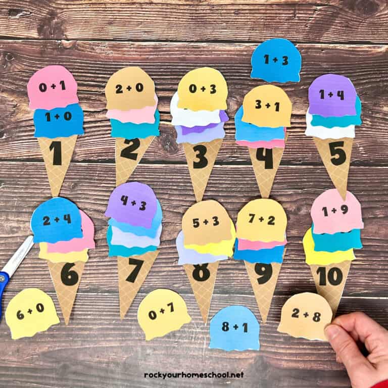 Woman holding ice cream addition activities scoop with examples with scoops and cones.