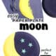 Yellow crescent moon painted on paper and example of paper plate moon craft with glow-in-the-dark star stickers.