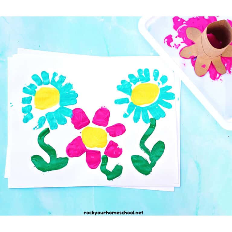 Example of toilet paper roll flower stamps for easy painting activity for kids.