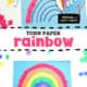 Construction paper in rainbow of colors, cotton balls, and glue stick with child adding torn paper piece to examples of torn paper rainbow crafts.