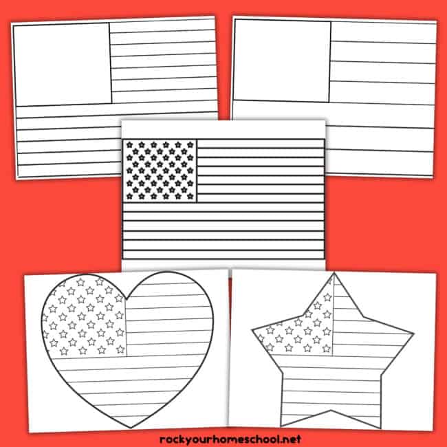 5 examples of free printable American flag templates with basic styles, heart, and star.