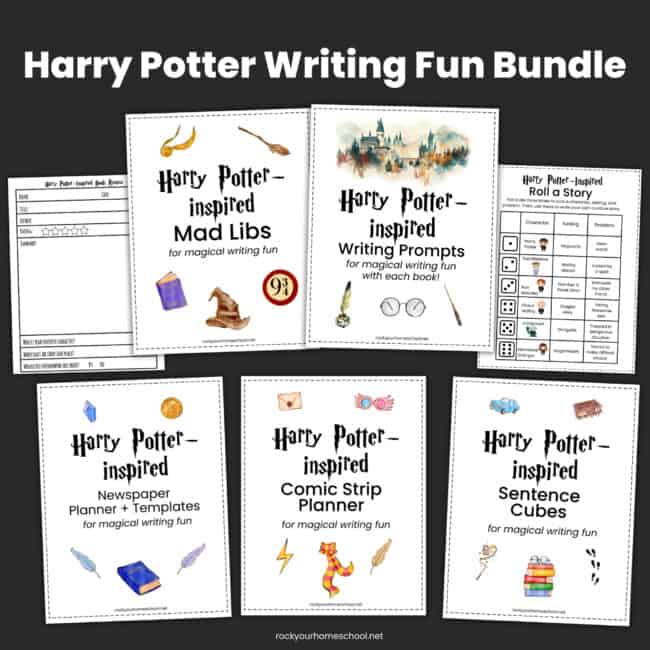 Harry Potter Writing Fun Bundle with Mad Libs, Writing Prompts, Newspaper Planner and templates, Comic Strip Planner, Sentence Cubes, Roll a Story, and Book Reviews.