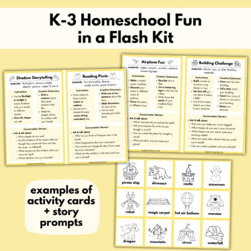 Examples of activity cards and story prompts from K-3 Homeschool Fun in a Flash Kit.
