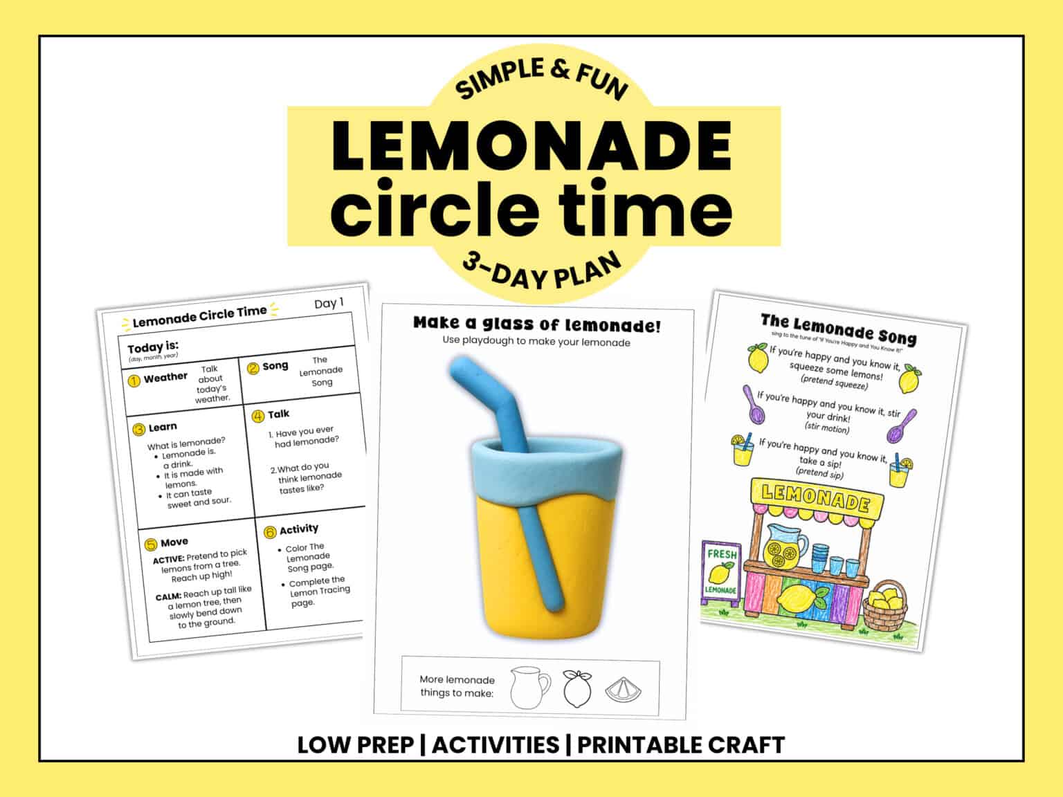Lemonade circle time plan with lemonade playdough mat and lemonade song coloring page to feature these circle time activities.