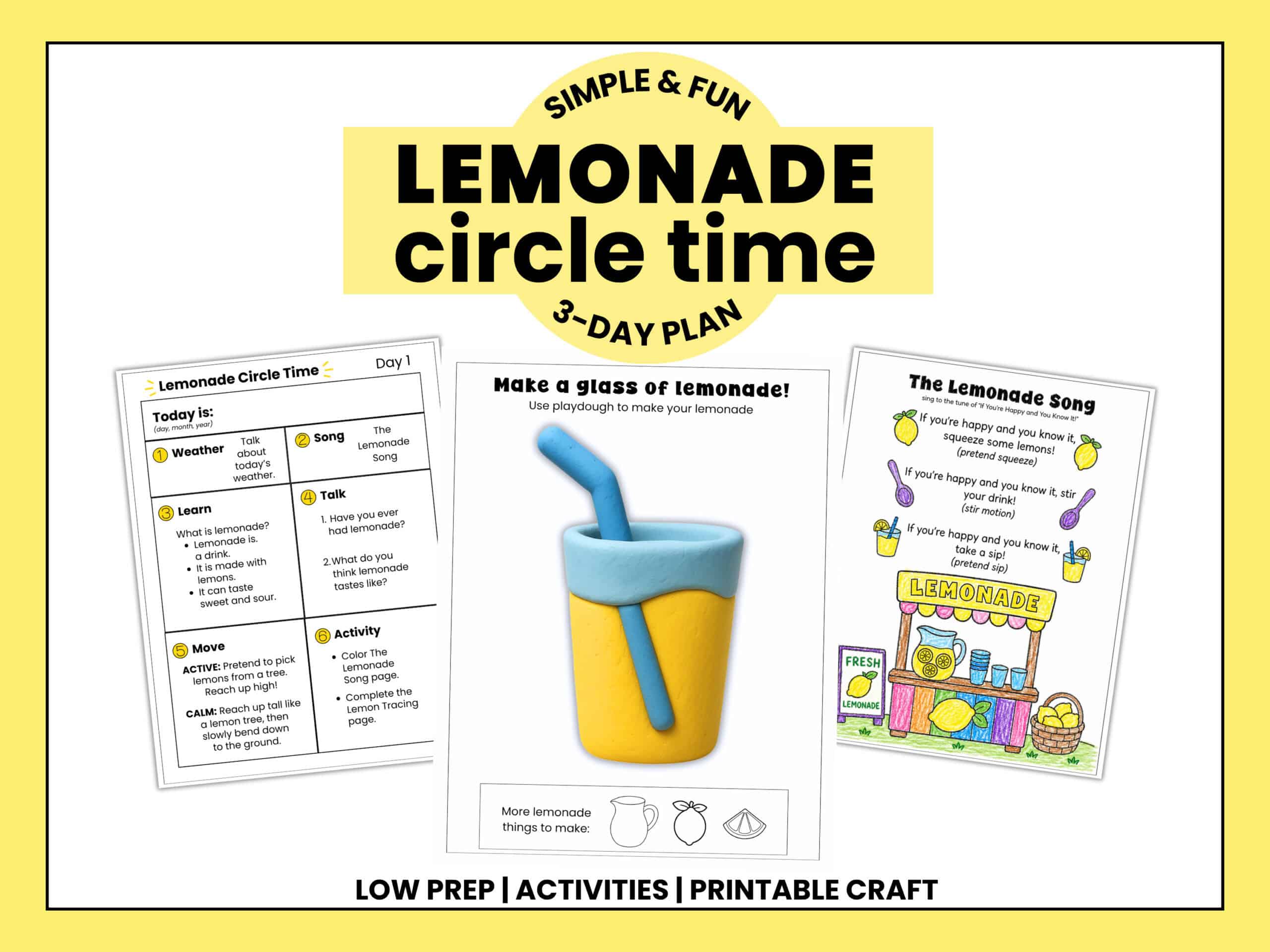 Lemonade circle time plan with lemonade playdough mat and lemonade song coloring page to feature these circle time activities.