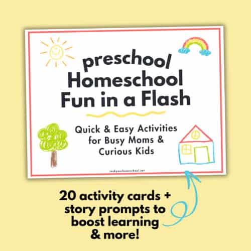 Preschool Homeschool Fun in a Flash Kit cover with crayon drawings of sunshine, rainbow, tree, and house.