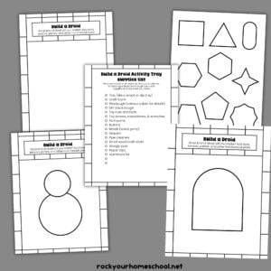 Examples from the free printable Build a Droid activity set with playdough mats, supplies checklist, and shapes templates.