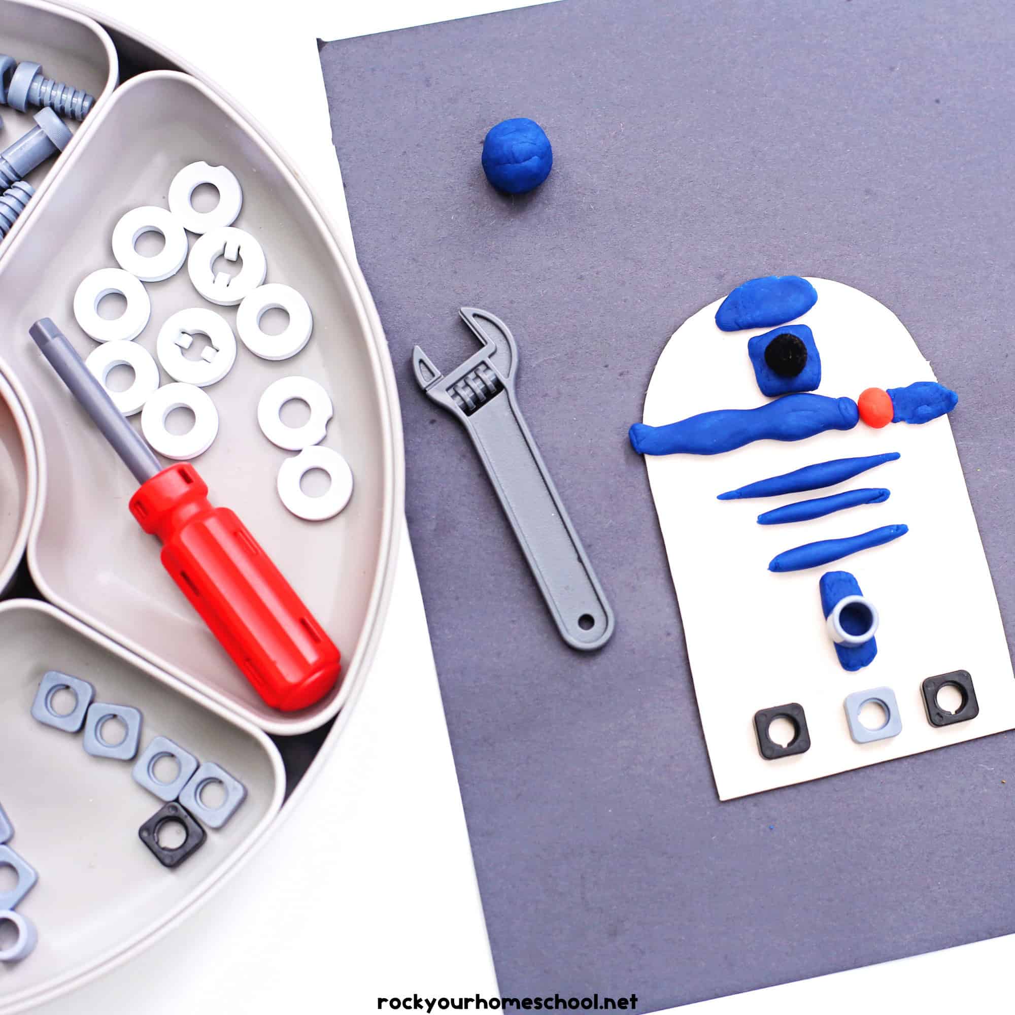 Example of build a droid activity tray for kids featuring R2-D2.
