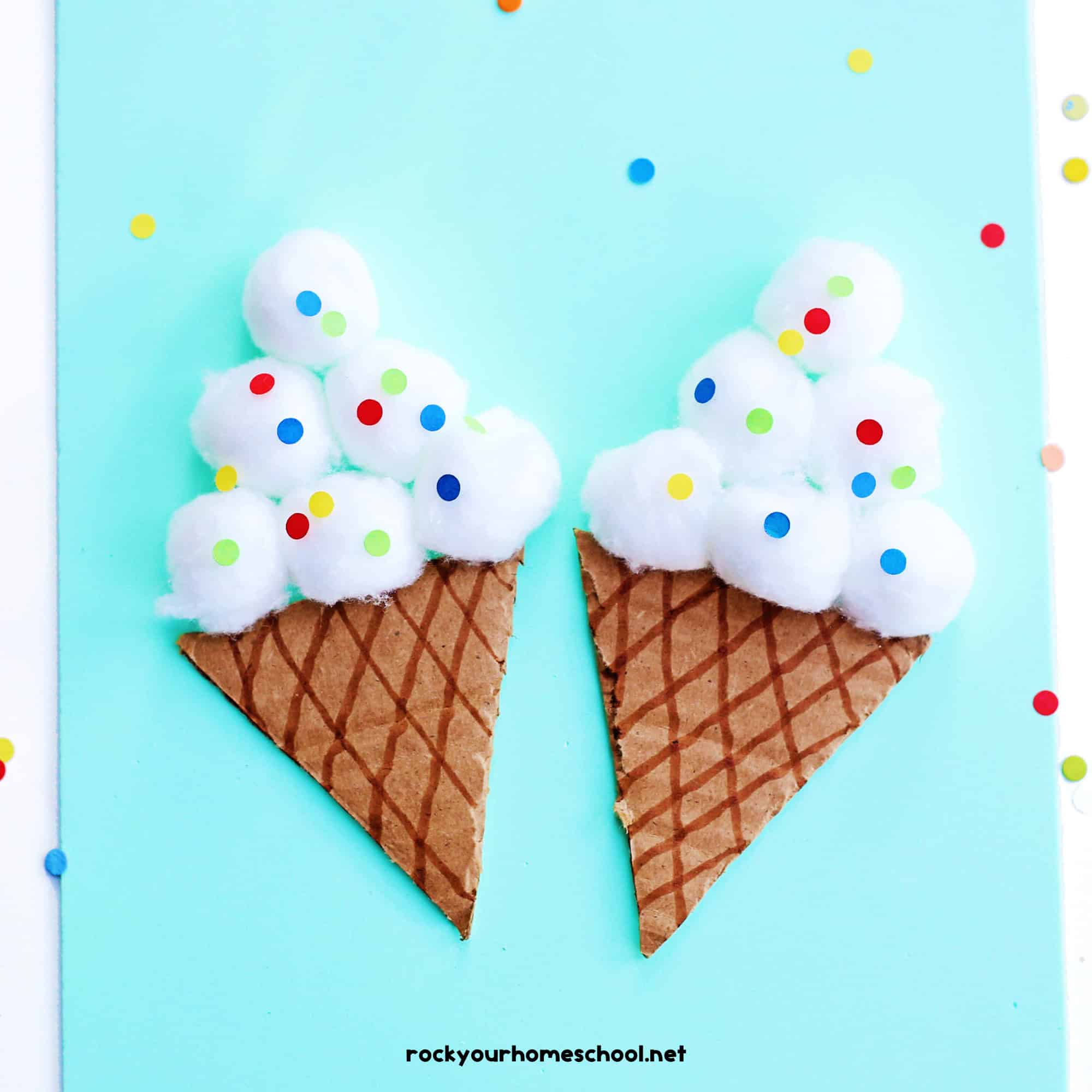 Two examples of ice cream cone crafts with colorful paper sprinkles, cotton balls, and cardboard cones.