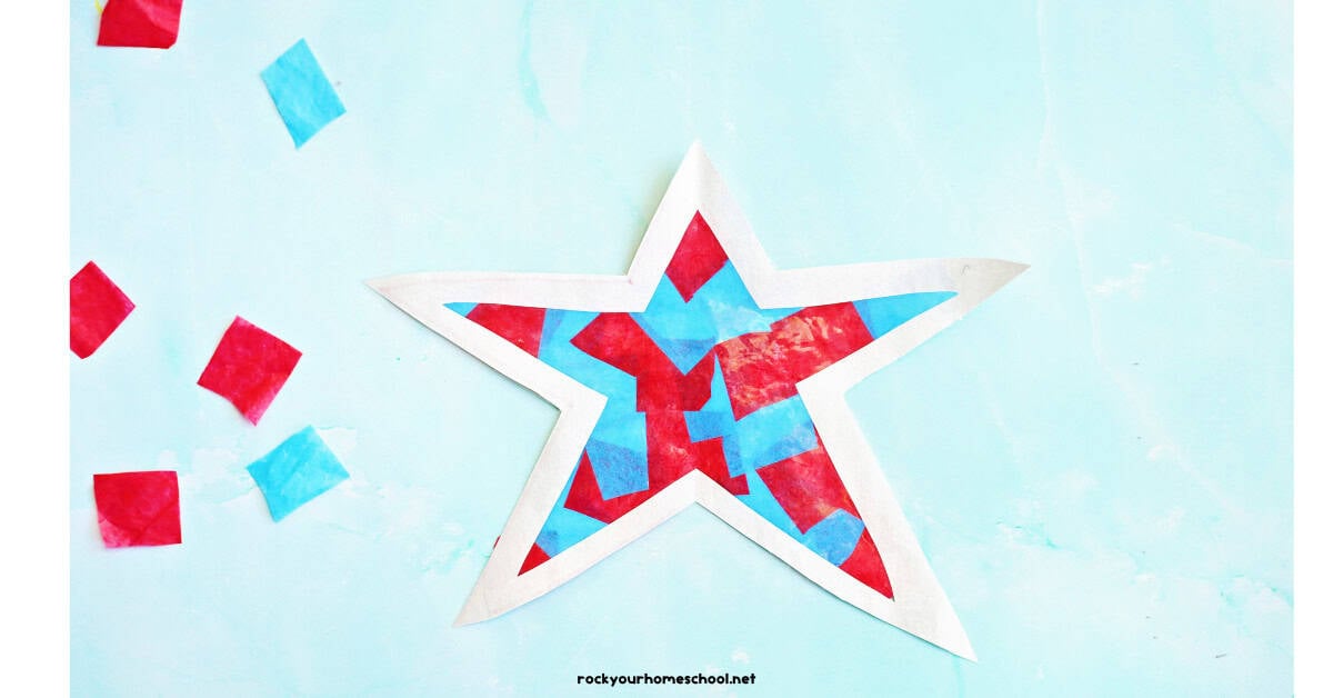 Example of star patriotic suncatcher in red and blue tissue paper.