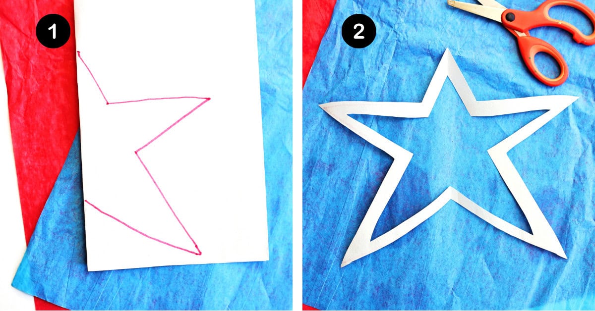 White cardstock folded in half with half of star drawn in red and cut out star with scissors.