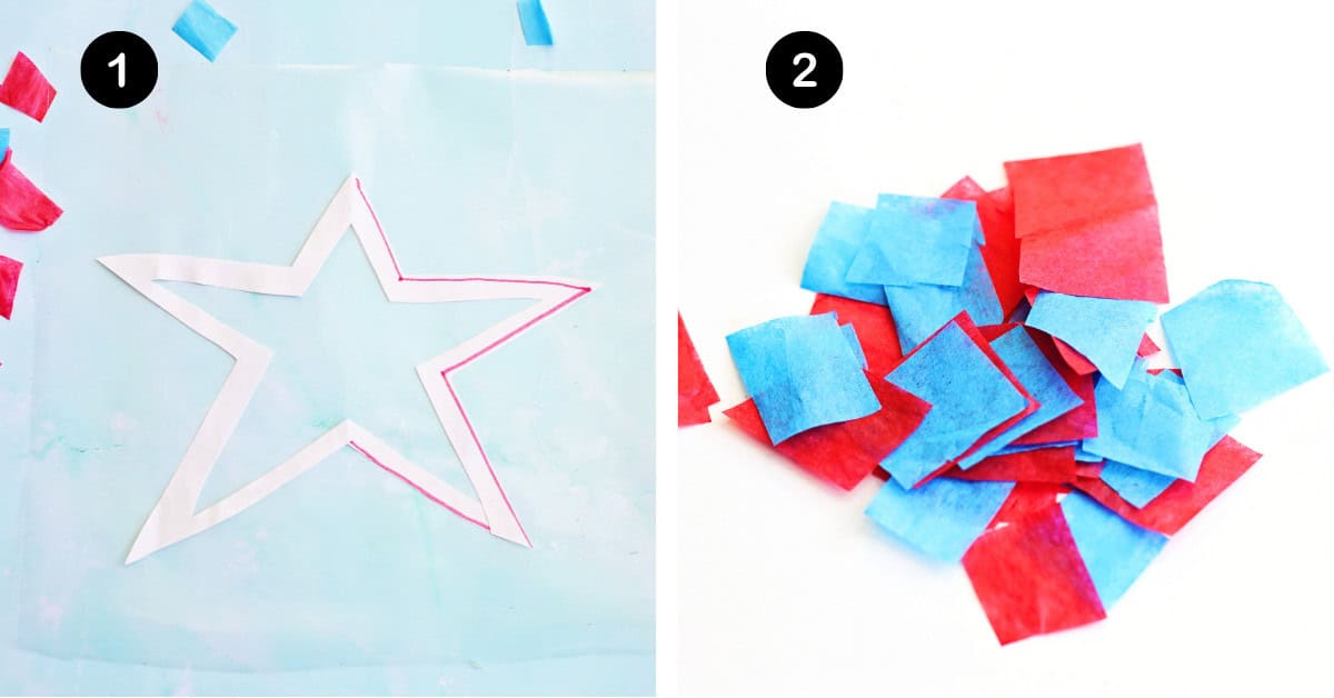 White star cut out of cardstock with pile of red and blue tissue paper squares.