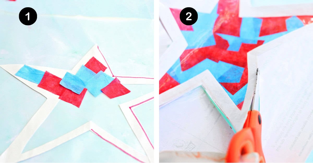 White cardstock star on clear contact paper with red and blue tissue paper squares and scissors.