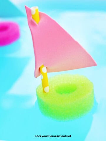 Example of pool noodle boat made with paper straw and foam sheet sail in water.