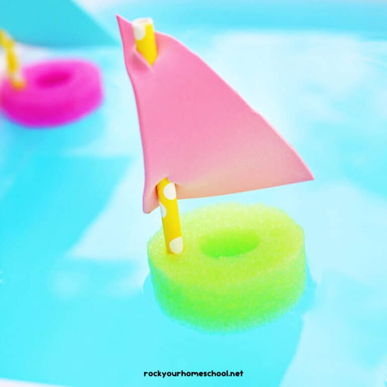 Example of pool noodle boat made with paper straw and foam sheet sail in water.