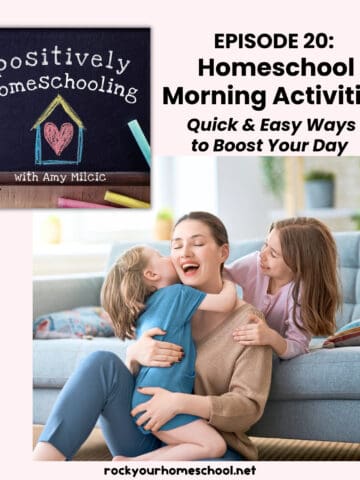 Mom with kids sitting on floor and smiling to feature Homeschool Morning Activities.