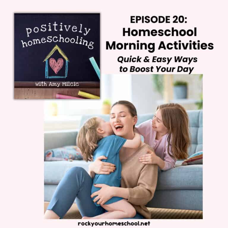 Mom with kids sitting on floor and smiling to feature Homeschool Morning Activities.